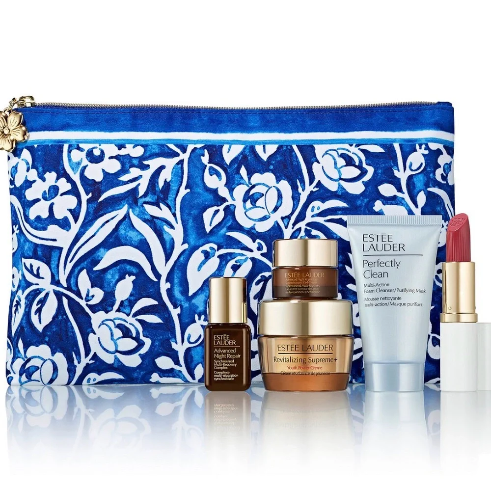 Estee Lauder Blue Floral Bag with Skincare and Lipstick - Picture 1 of 3